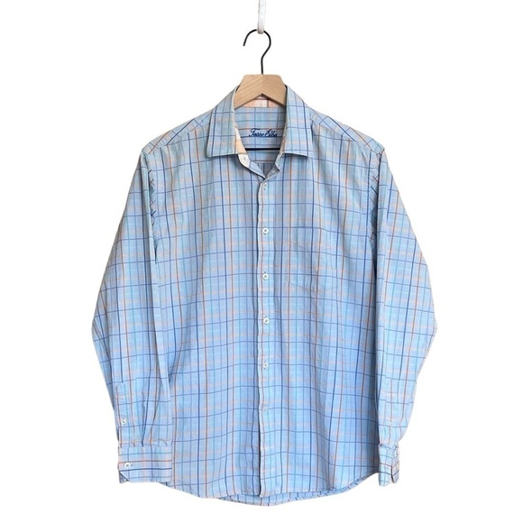 Tasso Elba Men’s Plaid Button Down Shirt. Salmon Blue Size 15 - 15 1/2 #1135 - Picture 1 of 4